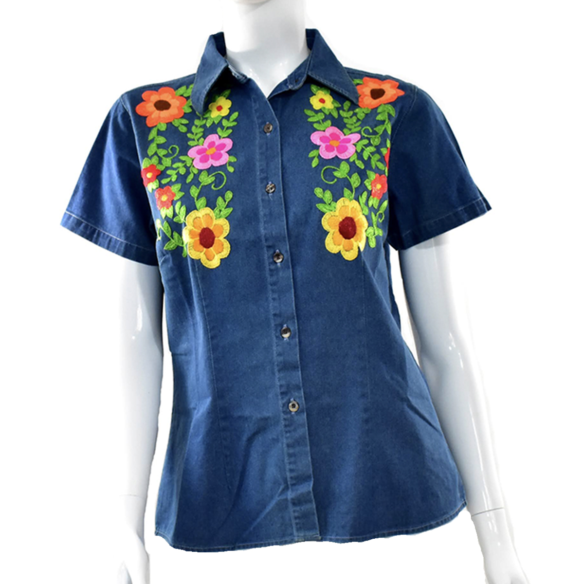 Blusa de mezclilla de manga corta con flores de colores, talla M. - Tienda Hecho Veracruz
