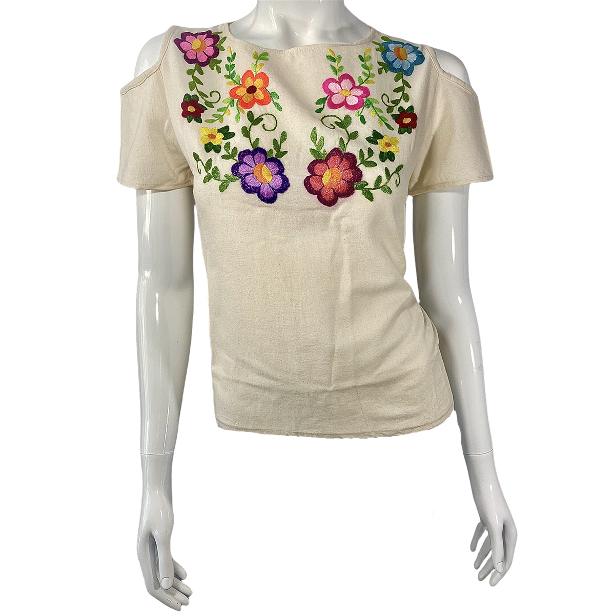 Blusa con hombros descubiertos manta con bordado artesanal de flores, talla CH. - Tienda en Veracruz